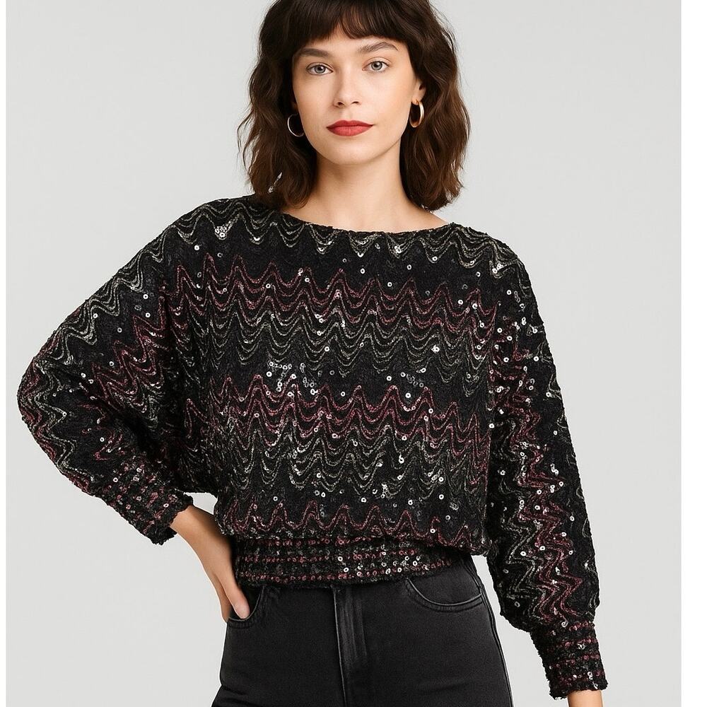Unique 80s Vintage Studio 54 Black Purple Sequin Zigzag Batwing Disco Large